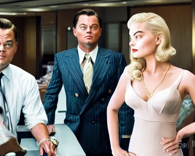 Prompt: leonardo dicaprio as the wolf of wall street next to margot robbie as naomi from the wolf of wall street, hyper realistic faces, beautiful eyes, cinematic, long shot, hyper detailed, 8 5 mm photograph, 8 k resolution, film still, sharp lens, wide lens