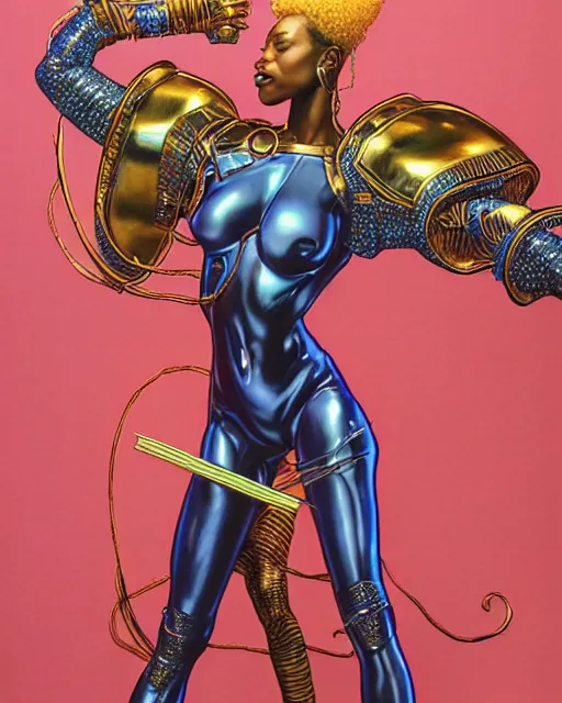 Image similar to female afrofuturism warrior queen, by hajime sorayama