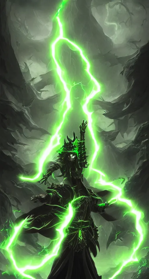 Image similar to illustration of dark priest holding green lightning, black halo, evil, power, green mist, scary, photorealistic, unreal engine, hellish background , Mtg , Dnd ,