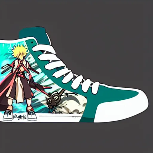 Image similar to fantasy anime jrpg sneaker design designed by studio ghibli, chrono trigger guilty gear style, sleek modern native punk sneaker design, hip hop sneaker design with subtle mayan patterns, gapmoe yandere grimdark, trending on pixiv fanbox, painted by greg rutkowski makoto shinkai takashi takeuchi studio ghibli, akihiko yoshida