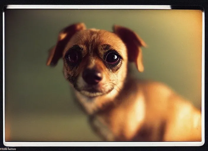 Prompt: a extreme close - up photo, color studio photographic portrait of a little dog, dramatic backlighting, 1 9 7 3 polaroid photo from life magazine,