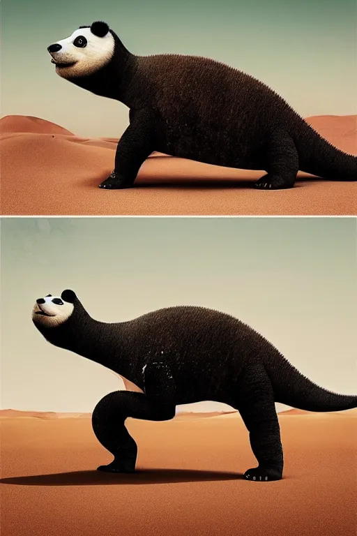 Image similar to 🐼 as 🦕 as 👽 as 🐳, desert photography by shunji dodo and greg rutkowski and edgar maxence