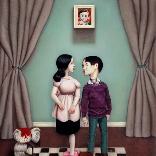 Prompt: a couple and their child portrait, living room wall background, lowbrow art, by Mark Ryden and Hikari Shimoda