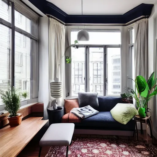 Image similar to award winning interior design apartment, dusk, cozy and calm, fabrics and textiles, colorful accents, secluded, many light sources, lamps, hardwood floors, book shelf, couch, desk, balcony door, plants, photograph magazine, wide angle