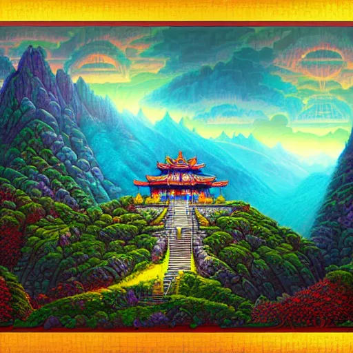 Image similar to mysterious temple in the mountains, fantasy landscape, extremely detailed, sharp focus, pixelart, wide view, digital illustration, by dan mumford, greg rutowski, johan grenier