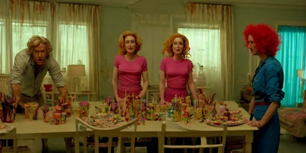 Image similar to a scene from a quirky, bright and cheerful post - apocalyptic movie, starring gillian anderson that fights the dread by decorating the world with kitchy party decorations by director wes andersson and, blue - ray screenshot, filmed by roger deakins