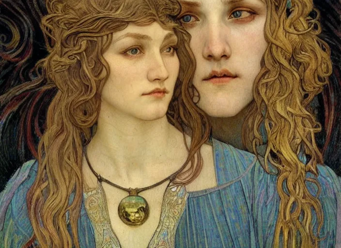 Image similar to detailed realistic beautiful young medieval queen face portrait by jean delville, alphonse mucha, vincent van gogh, and marco mazzoni, art nouveau, symbolist, visionary, gothic, pre - raphaelite