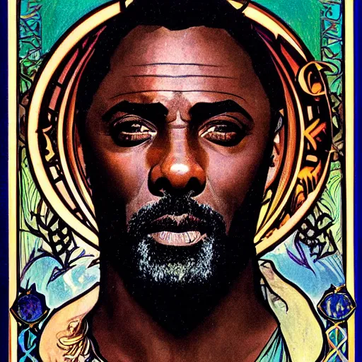 Prompt: idris elba portrait by louis - theophile hingre and alphonse mucha, realistic, sharp focus, zodiac signs, tarot cards, planets, ethereal, art nouveau, magic, moon, sun, crown, dreamy, royal, jewellery