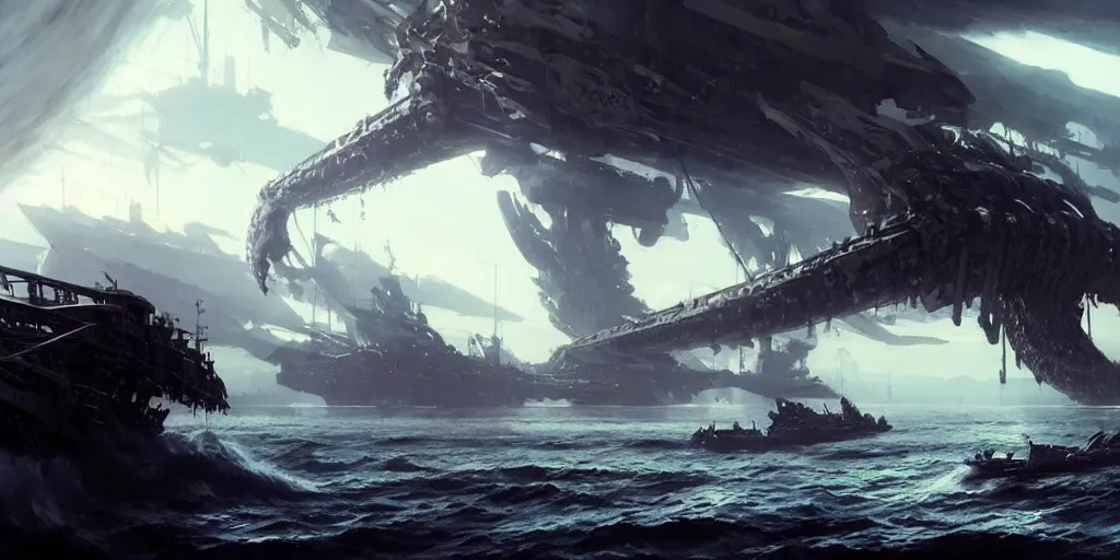 Image similar to A large ship armada is getting destroyed by a giant kraken monster. In style of Yoji Shinkawa and Hyung-tae Kim, trending on ArtStation, Greg Rutkowski, dark fantasy, great composition, concept art, highly detailed, scenery.