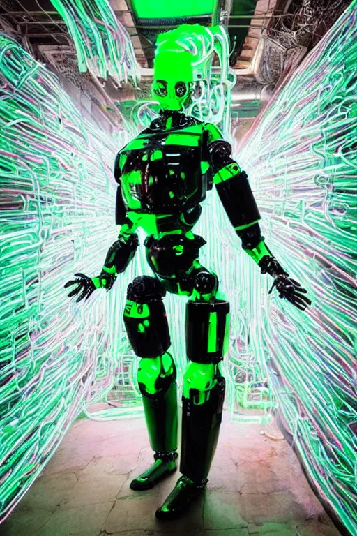 Image similar to full-body rococo and cyberpunk style green neon and ceramic statue of a muscular attractive Spanish robot god humanoid wearing a see-through silk cloak sim roupa, posing like a falling model, suspended from the ceiling with thick neon cables, glowing mint face, crown of red steampunk lasers, emeralds, swirling silver silk fabric. futuristic elements. oozing glowing liquid, full-length view. space robots. human skulls. throne made of bones, intricate artwork by caravaggio. Trending on artstation, octane render, cinematic lighting from the right, hyper realism, octane render, 8k, depth of field, 3D