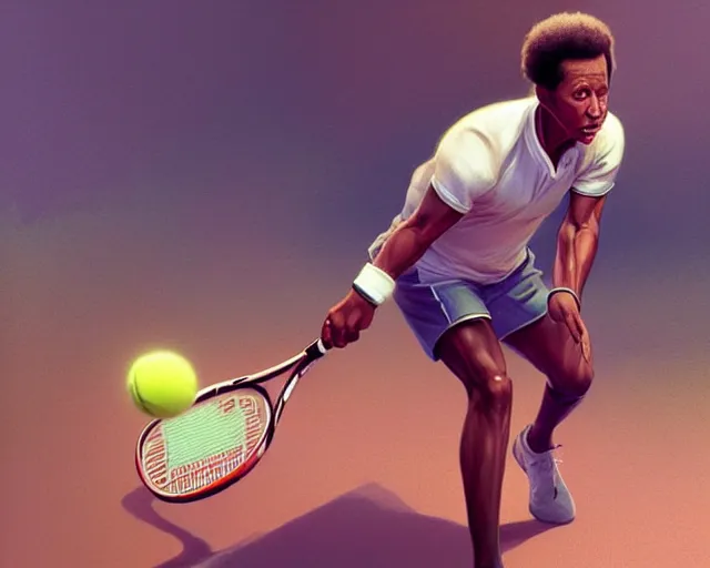 Image similar to mindblowing, arthur ashe playing tennis, deep focus, beautiful, highly detailed, digital painting, artstation, concept art, matte, sharp, illustration, hearthstone, art by artgerm and greg rutkowski and alphonse mucha