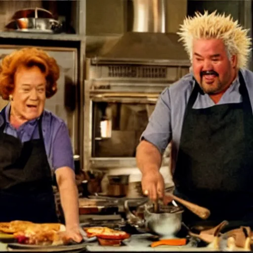 Image similar to movie still of julia child and guy fieri cooking show