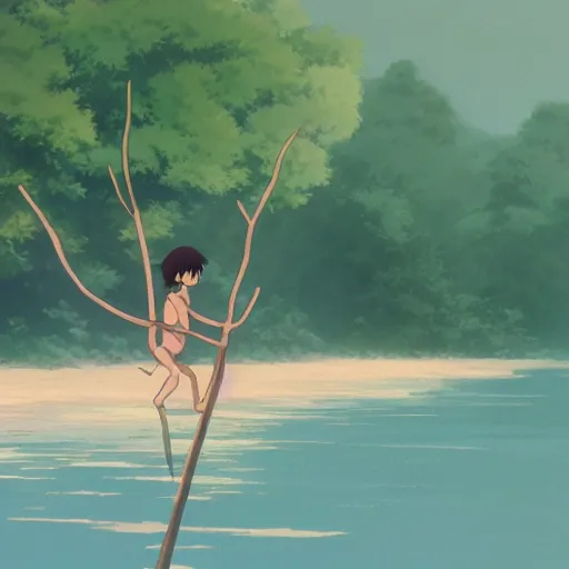 Prompt: A child alone playing in a lake with a branch, by Dice Tsutsumi, Makoto Shinkai, Studio Ghibli