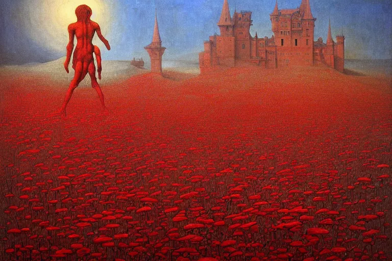 Image similar to only with red, red flowers of different types, a red tiger, a castle in the background, medieval demons dance over the flowers, an ancient path, in the style of beksinski, part by hopper, part by rodcenko, part by hofbauer, intricate composition, red by caravaggio, insanely quality, highly detailed, masterpiece, red light, artstation