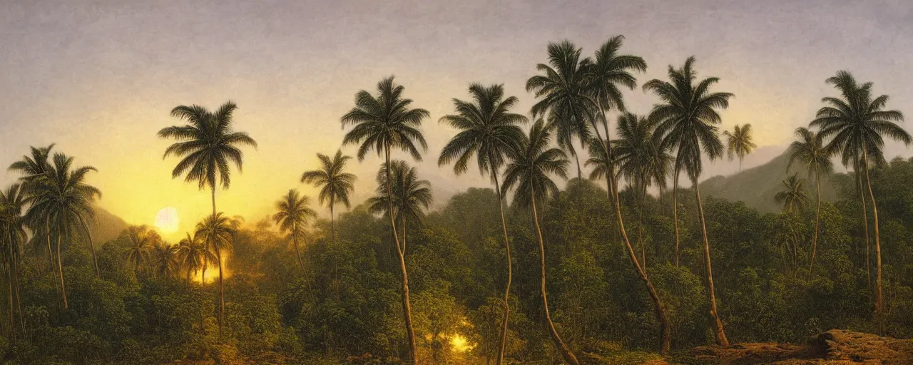 Prompt: oil painting of a sri lankan landscape at sunset, coconut trees in the foreground, mountain sunset in the background, volumetric lighting, volumetric shadows, realistic oil painting by gustave dore, - h 6 4 0,