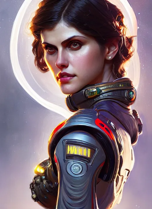 Image similar to portrait of apex legends alexandra daddario, intricate, elegant, glowing lights, highly detailed, digital painting, artstation, glamor pose, concept art, smooth, sharp focus, illustration, art by artgerm and greg rutkowski, artey freytag