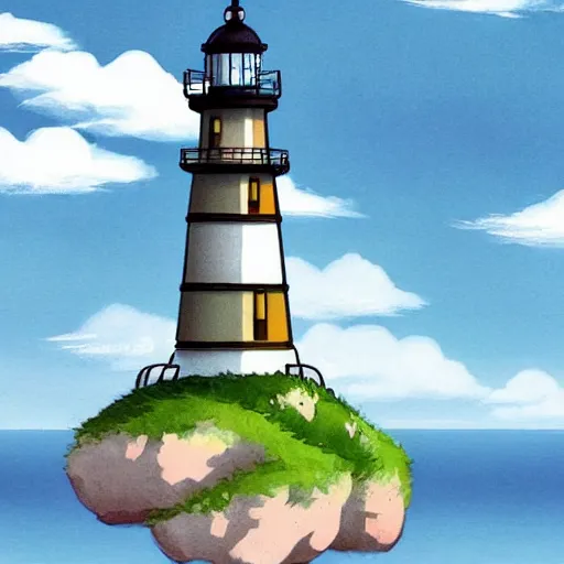 Prompt: beautiful cute cozy little lighthouse by the sea, puffy clouds, style of hayao miyazaki, digital art trending on artstation