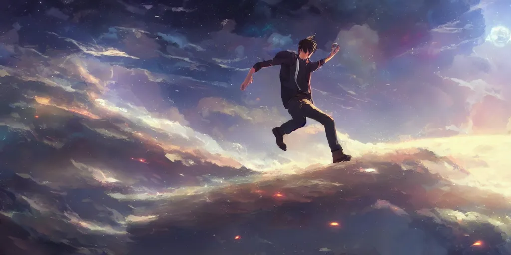 Image similar to concept art painting of a man falling eternally in the universe, realistic, detailed, cel shaded, in the style of makoto shinkai and greg rutkowski and james gurney