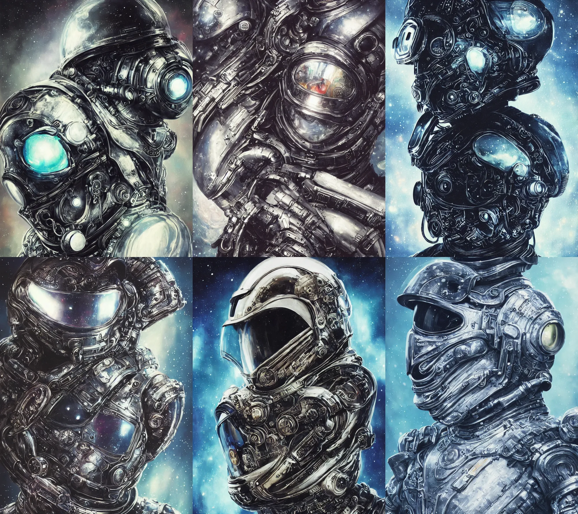 Prompt: portrait art of 8k ultra realistic retro futuristic astronaut, galaxy reflected helmet , detailed intricate ornate armour,eldritch horror,blade runner, cybernetic, full of colour, cinematic lighting, battered, trending on artstation, 4k, hyperrealistic, focused, extreme details,unreal engine 5, cinematic, masterpiece, art by ayami kojima, giger