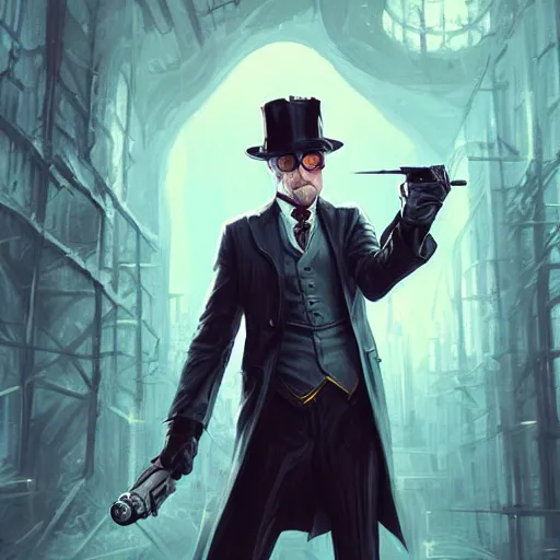 Image similar to reginald hargreeves with a cane and a revolver, wearing a pocket watch, cyber punk setting, time travel deep focus, turnaround, fantasy, intricate, elegant, highly detailed, digital painting, artstation, concept art, matte, sharp focus, illustration, art by artgerm and greg rutkowski