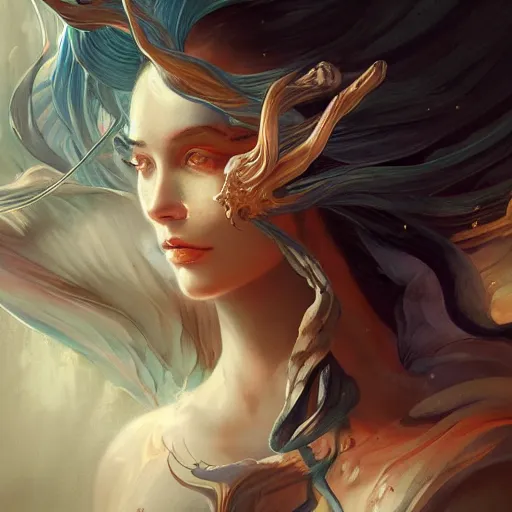 Image similar to a beautiful emanation from angelarium, portrait, centered composition, by pete mohrbacher and artgerm and wlop, digital art, highly detailed, intricate, fantasy, mystical, smooth, sharp detail, Trending on Artstation HQ, deviantart, unreal engine, 4K UHD image