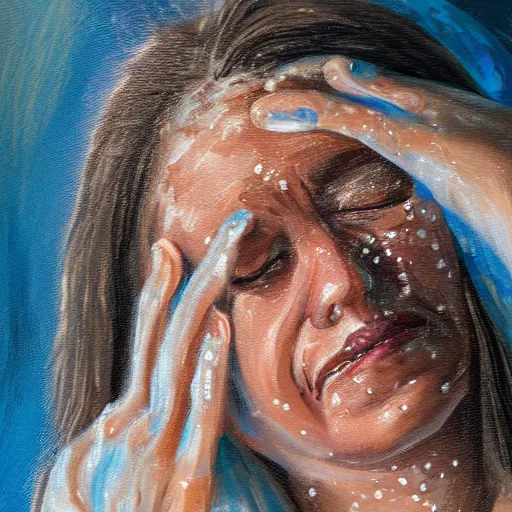 Image similar to woman crying with water on her face, personal painting, light coming from a candle