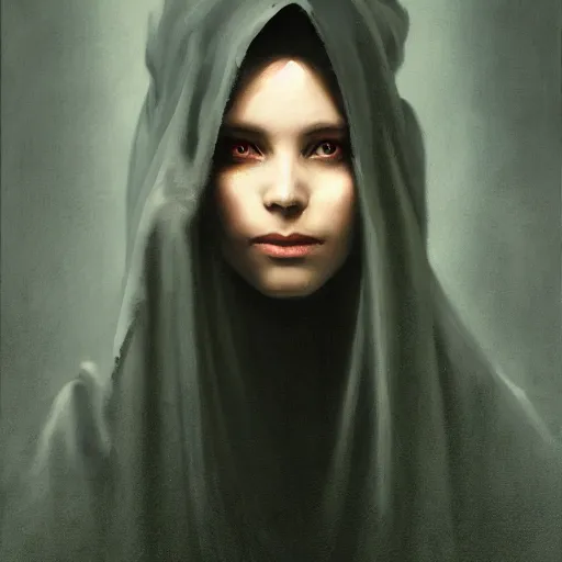 Image similar to a portrait of a young woman wearing a long dark cloak, hood and shadows covering face, holding golden chains, oil painting, matte painting, black background, Volumetric Golden dappled dynamic lighting, Highly Detailed, Cinematic Lighting, Unreal Engine, 8k, HD, by Beksinski