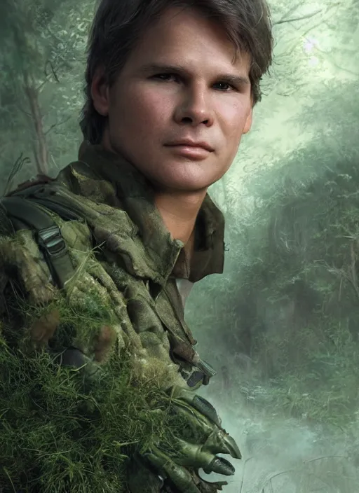 Image similar to portrait of a young richard dean anderson wearing a green combat uniform, in a post apocalyptic city, overgrown with plants, by wlop, luis royo and greg rutkowski, cover illustration, concept art, volumetric lighting, volumetric atmosphere, sharp focus, octane render, trending on artstation, 8 k