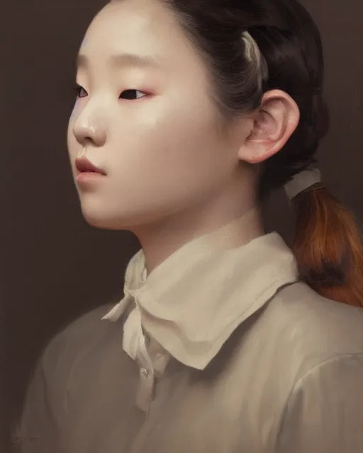 Prompt: portrait of a korean girl, medium closeup, pigtails, cinematic light, dark background, sideview, looking down, wrinkled cotton shirt, by serge marshennikov, jeremy lipking, artgerm, alphonse mucha
