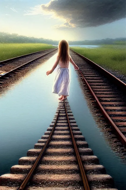 Image similar to a barefoot girl carries her shoes on a wide pool of reflective water and faintly visible submerged train tracks, water covers everything, large white clouds on a wide horizon, intricate, elegant, highly detailed, digital photo, artstation, concept art, smooth, sharp focus, low angle photo, art by artgerm and greg rutkowski and fra angelico