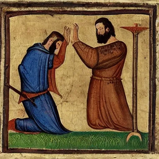 Image similar to a realistic medieval painting of a large bearded man kneeling, being knighted by royalty