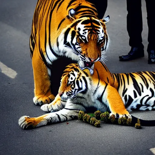 Image similar to photography of a tiger and a policeman smoking marijuana in the streets