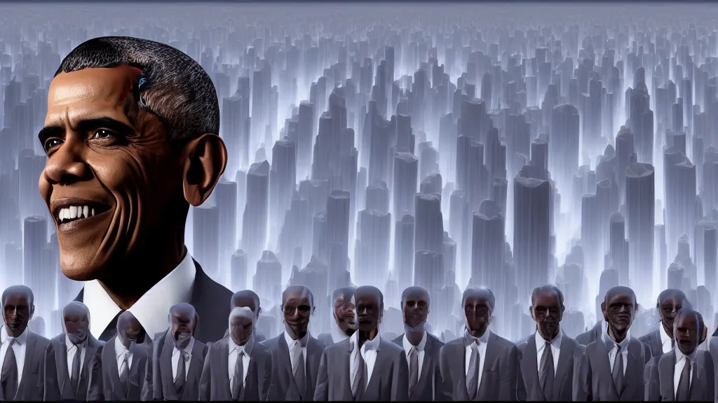 Image similar to 1000 vampire Obama clones ; render by Beeple, 4K