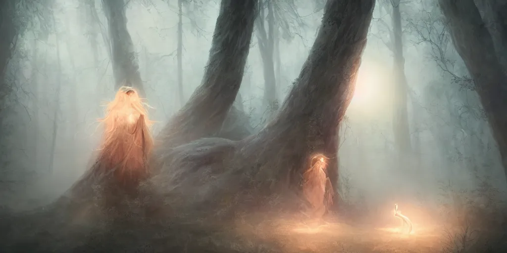 Prompt: a close up portrait of the ghost lady with a wood spirit in the trees with misty will o the wisp, photorealistic, by jessica rossier, wlop, 4 k resolution h 7 6 8