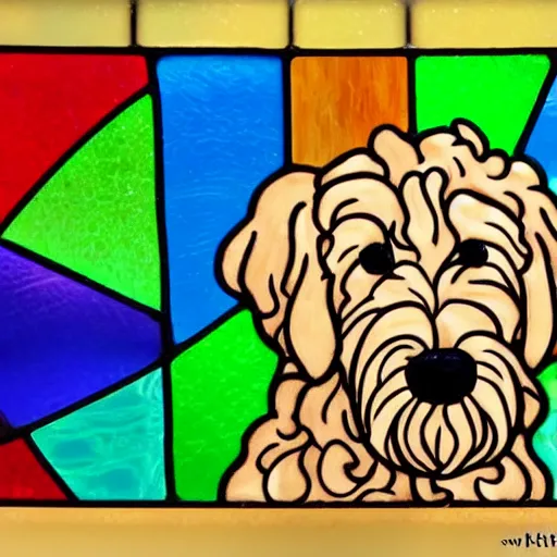Prompt: cute golden doodle face in the style of a stained glass window