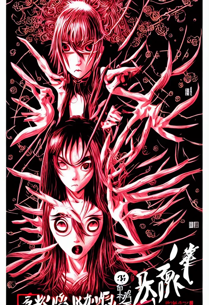 Image similar to a comic book style japanese horror poster of ninja girl with large eyes by dan mumford, yusuke murata and junji ito, blood lines, yokai, shinigami, eyes, shurikens, kanji, 8k, unreal engine, trending on artstation, pixiv, intricate details, volumetric lighting