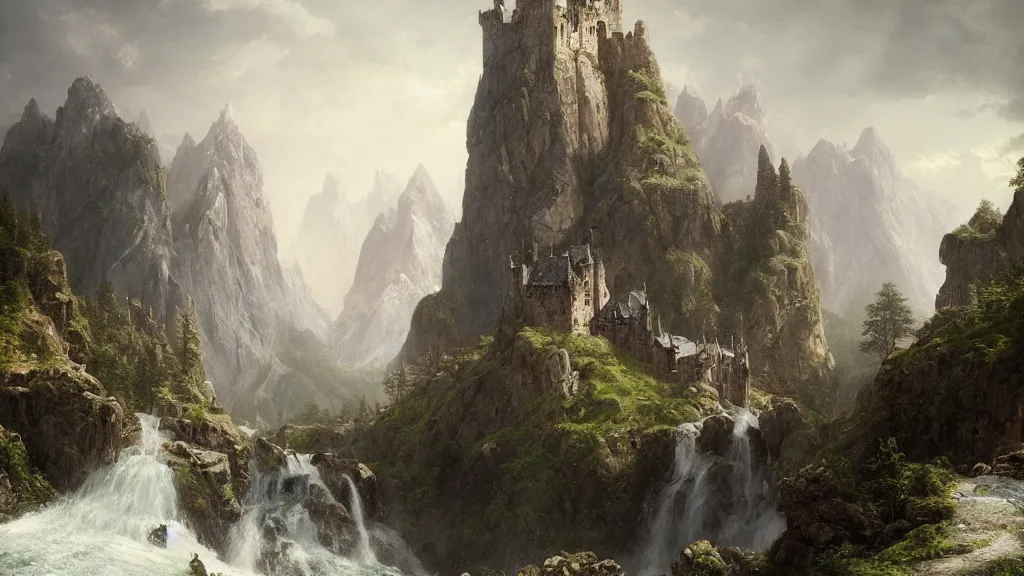 Image similar to elven stone castle above the great alpine waterfall. andreas achenbach, artgerm, mikko lagerstedt, zack snyder, tokujin yoshioka