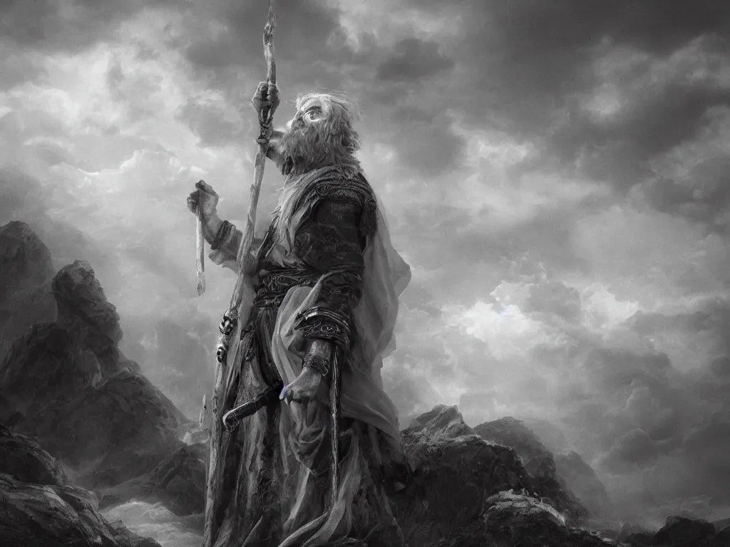 Image similar to Odin the wanderer in a grey cloak with his staff travelling walking on a path with clouds above him, neo-romanticism, norse mythology