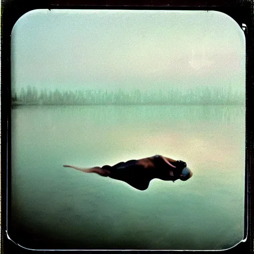 Prompt: semi translucent smiling frog amphibian floating upside down over misty lake in Jesus Christ pose, polaroid shot by Andrei Tarkovsky, paranormal, spiritual, mystical