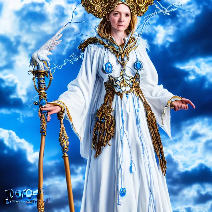 Image similar to photograph of a real-life beautiful sky witch with ornate white and blue robes and staff. Extremely detailed. 8k