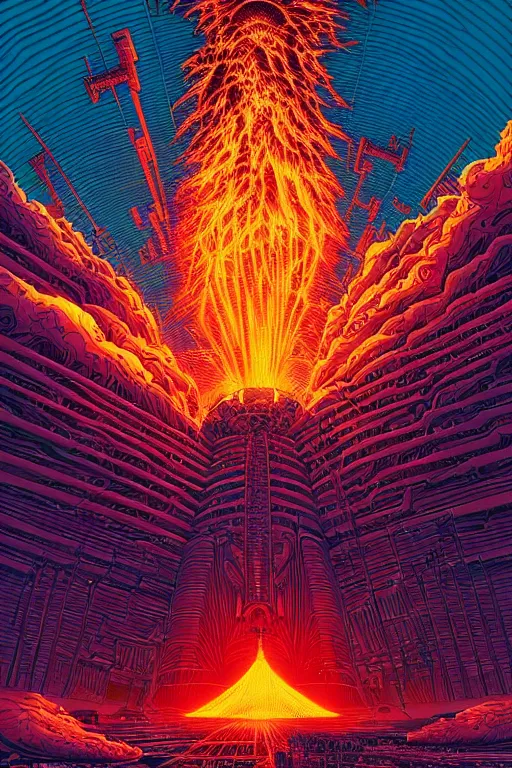 Image similar to artwork by kilian eng and ( dan mumford ) and toshi yoshida and franklin booth showing a futuristic powerstation!! in front of a ( ( exploding volcano ) ), vintage scifi, high details, dramatic lightning,, 8 k