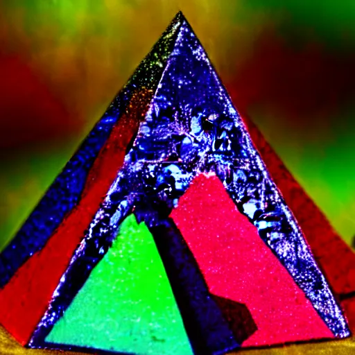 Prompt: colorful velvet Wizard triangle tree pyramid crystal, in a forest in twilight, 70s, polaroid, DOF, grain, kaleidoscope