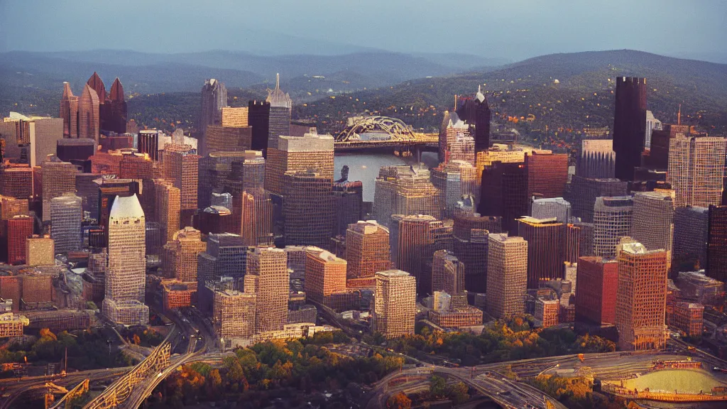 Prompt: Pittsburgh after the apocalypse, medium format photography taken from Mount Washington, Fuji sensia, 4k, golden hour