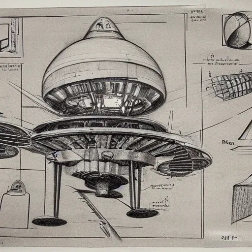 Image similar to vintage, detailed, pencil sketch of sci - fi ufo construction, all parts, with full descriptions, on old parchment