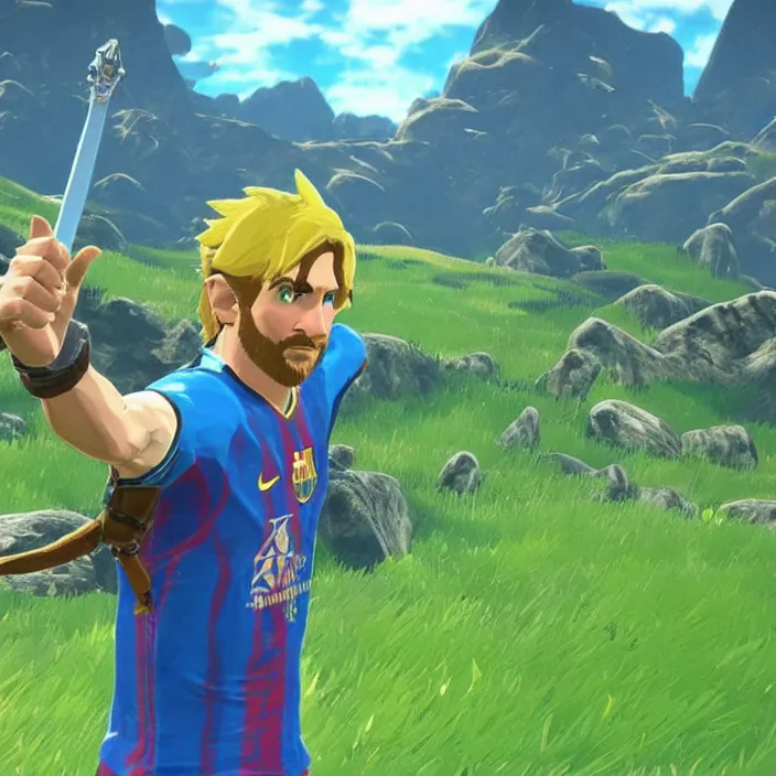 Image similar to Lionel Messi in The Legend of Zelda Breath of the Wild, detailed screenshot