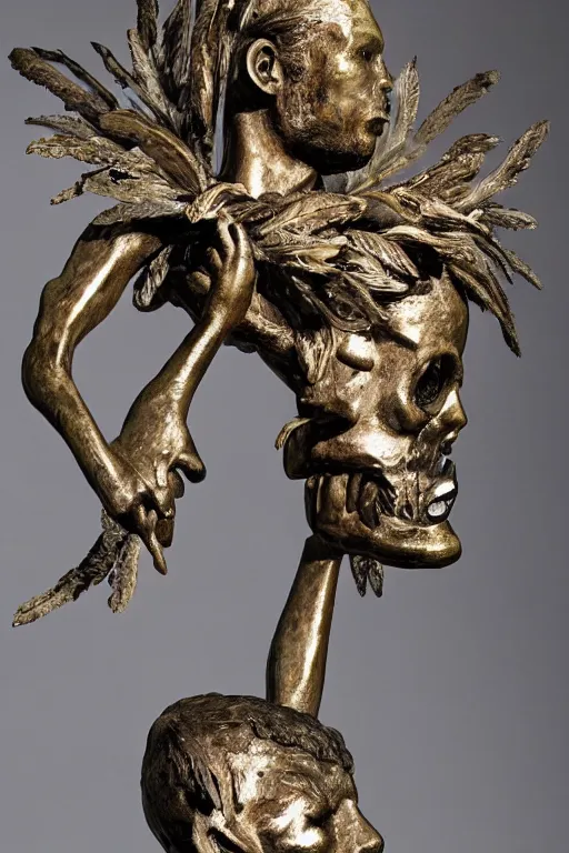 Image similar to Jean-Michel Basquiat as a bronze statue of Icarus reaching for the sun with a skull mask and wings as a corrupted and glitched Greek sculpture, glowing quartz crystal skull, wreath of ferns, abstract milky quartz eyes, many large flying monster eyes, flowing sakura silk, fabric, flowers. baroque elements, human skull. full-length view. baroque element. intricate artwork by caravaggio. many many birds birds on background. Trending on artstation. halo. octane render, cinematic, hyper realism, octane render, 8k, depth of field, 3D