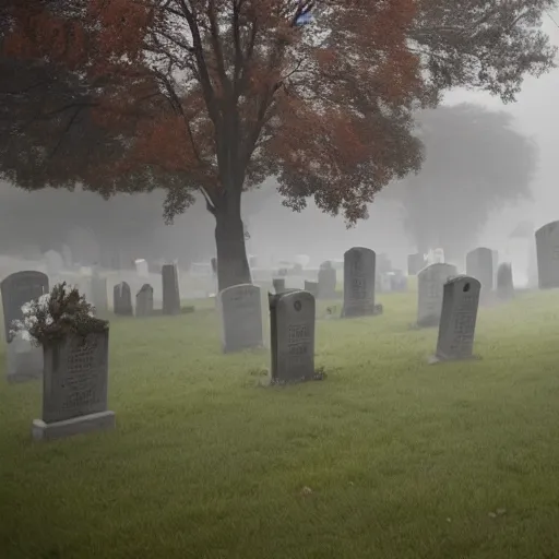 Prompt: A graveyard, with headstones and crypts, and a foggy mist rolling in, in a Halloween style.