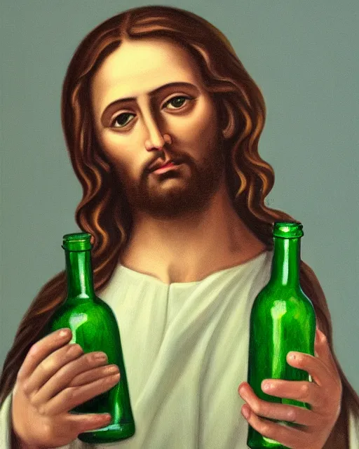 Image similar to detailed painting of jesus christ holding up a green bottle