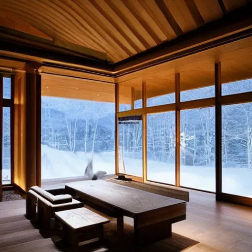 Image similar to “extravagant luxury mountain home, in Karuizawa, by Tadao Ando, modern rustic, at dusk, luxury lighting”