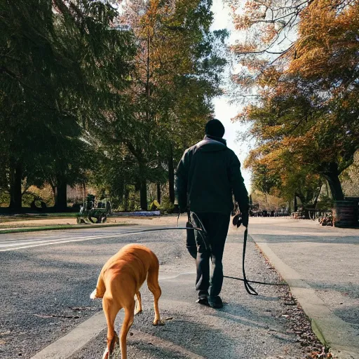 Prompt: a man walking a dog